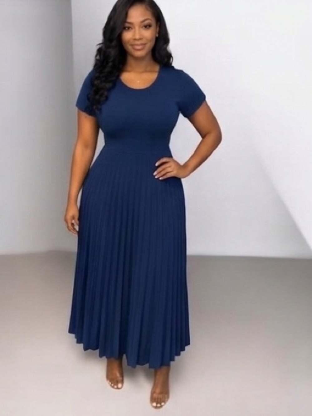 Classic Pleated Maxi Dress in Deep Blue